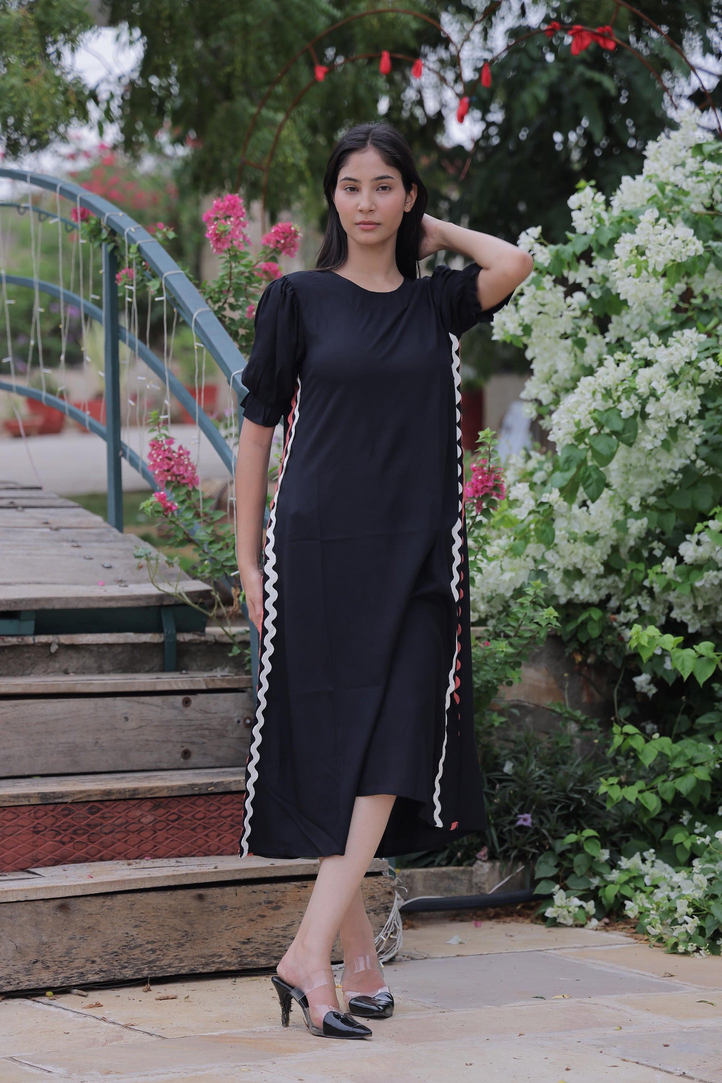 Black Solid Cotton Slub Side Slit Dress