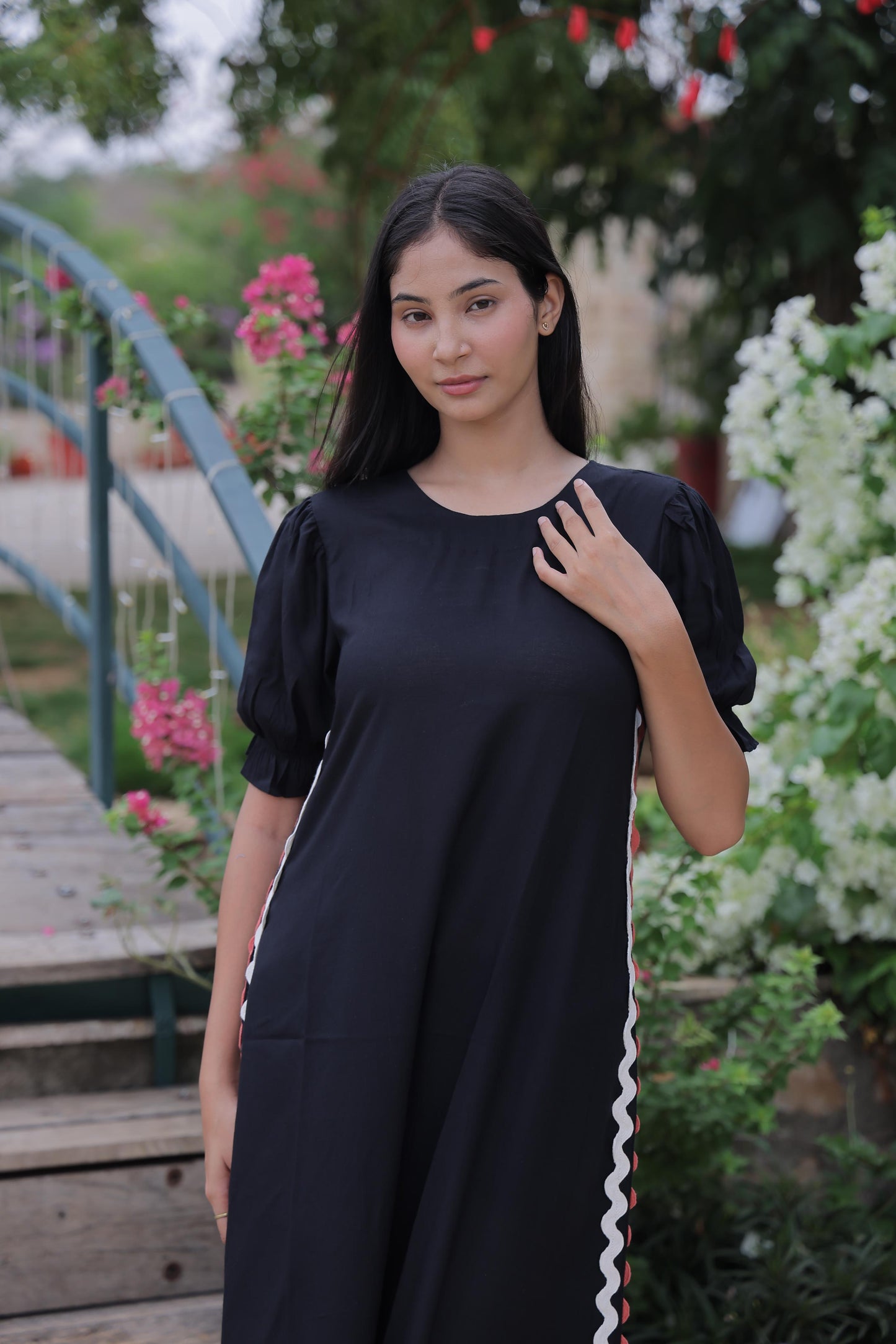 Black Solid Cotton Slub Side Slit Dress