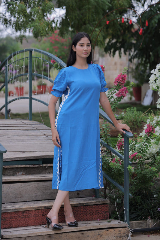 Blue Solid Cotton Slub Side Slit Dress