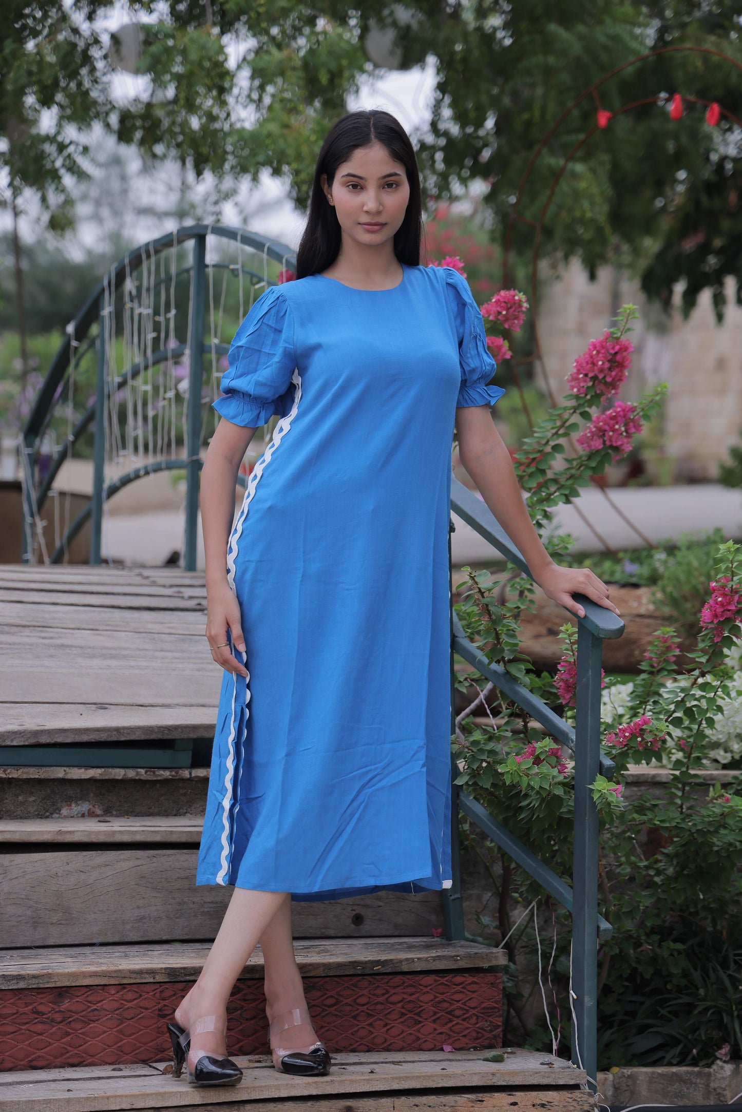 Blue Solid Cotton Slub Side Slit Dress