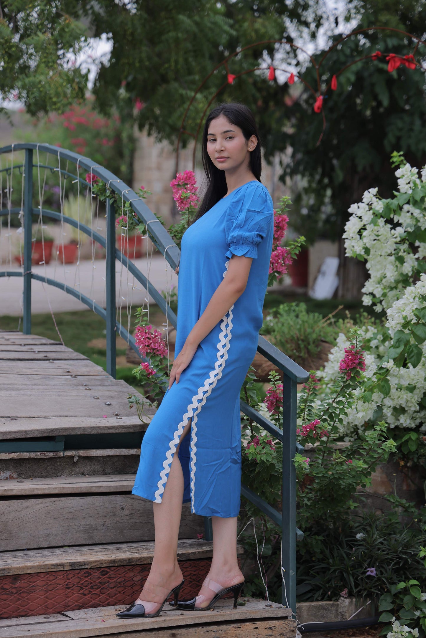 Blue Solid Cotton Slub Side Slit Dress