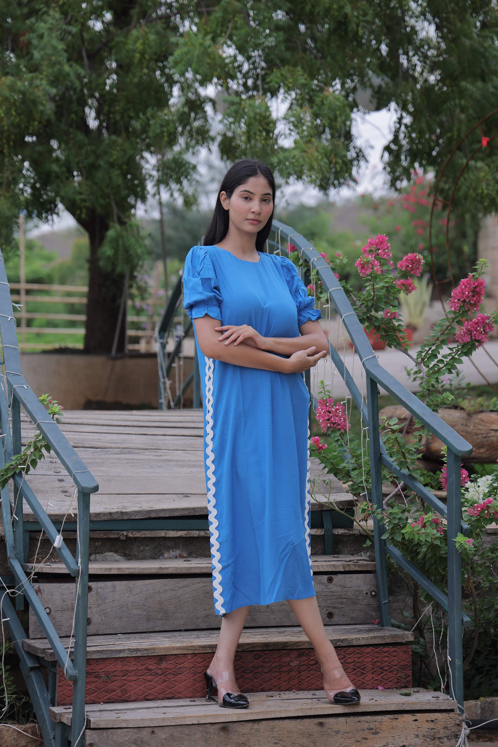 Blue Solid Cotton Slub Side Slit Dress