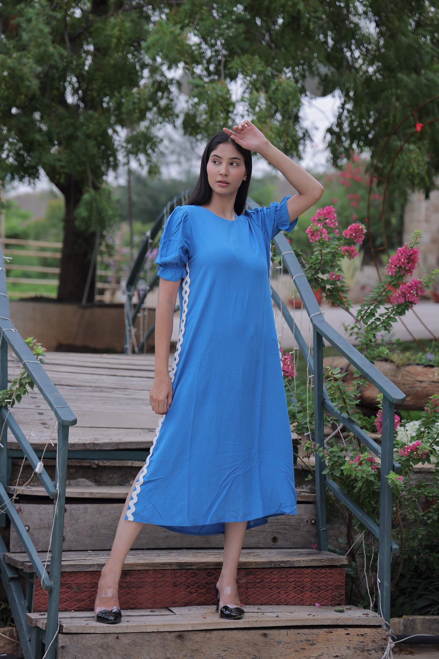 Blue Solid Cotton Slub Side Slit Dress