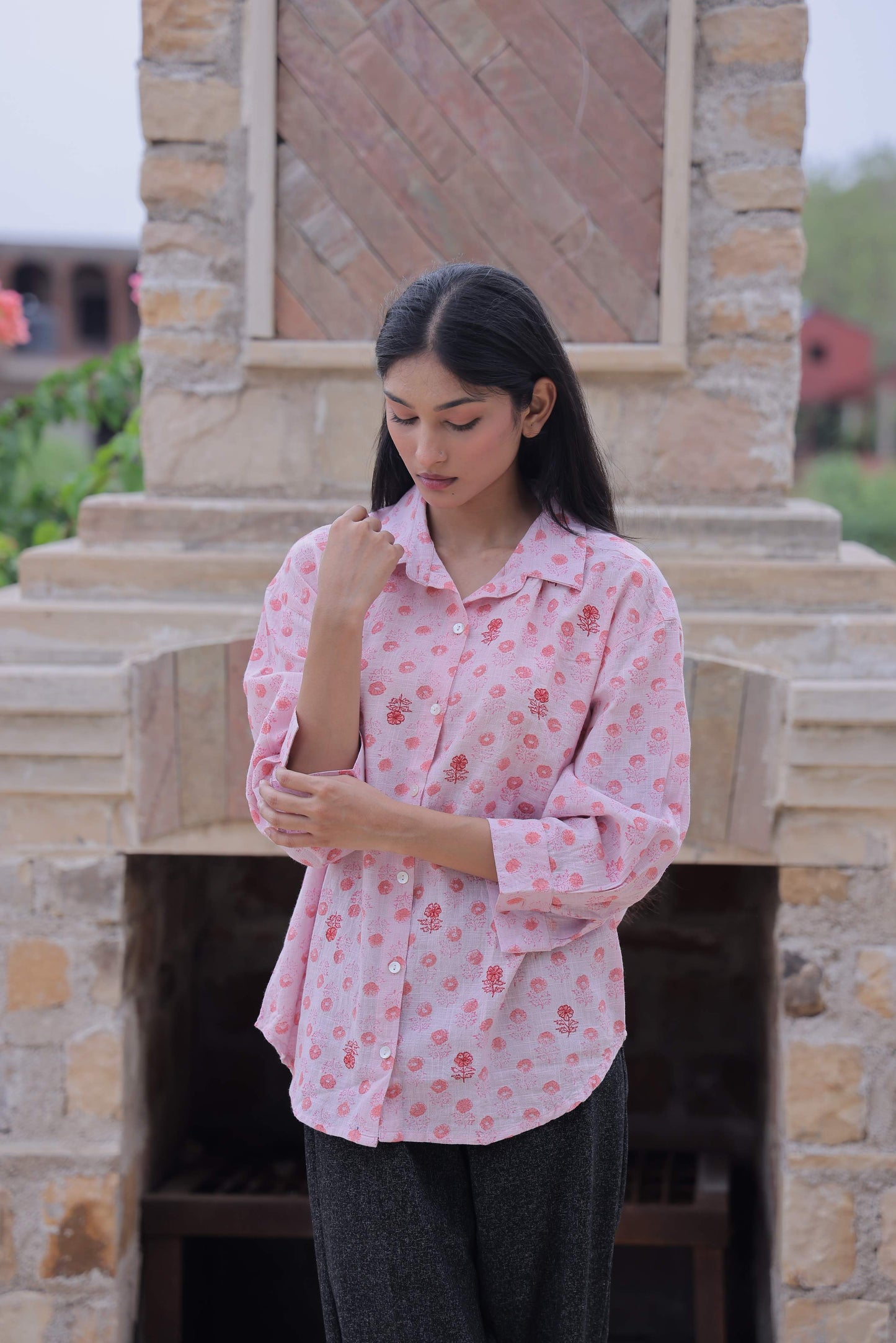 Pink Embroidered Block Print Shirt
