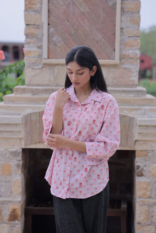 Pink Embroidered Block Print Shirt