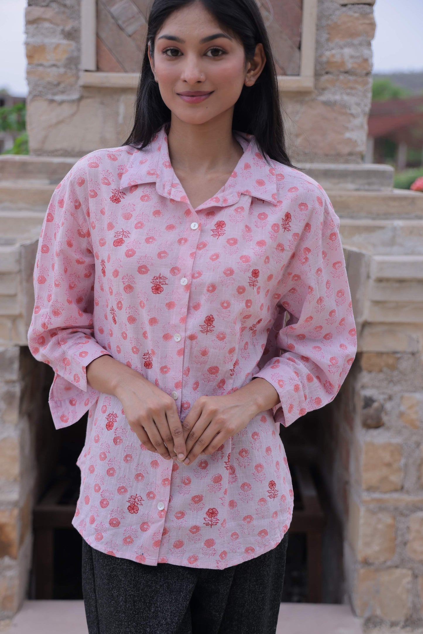 Pink Embroidered Block Print Shirt