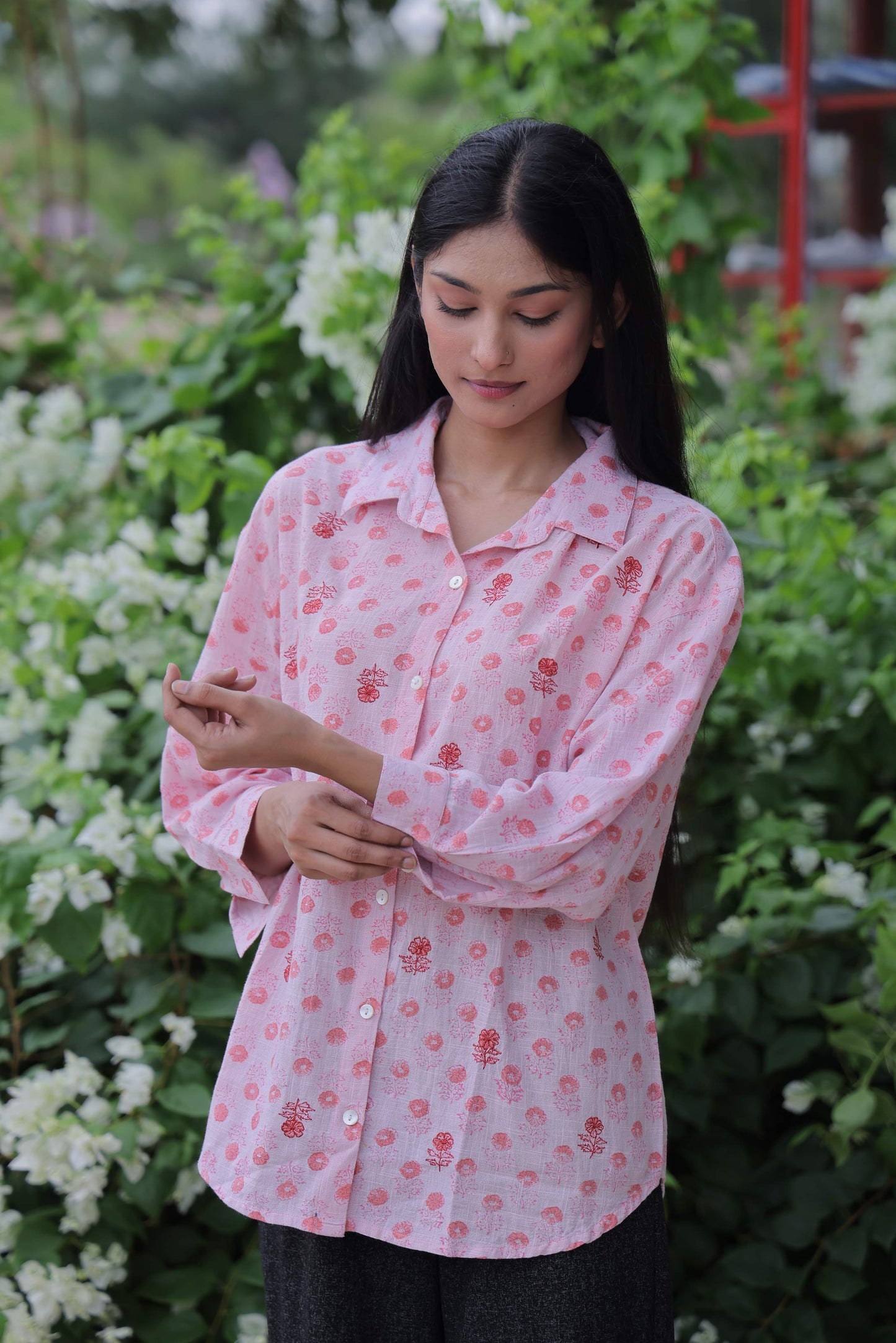 Pink Embroidered Block Print Shirt