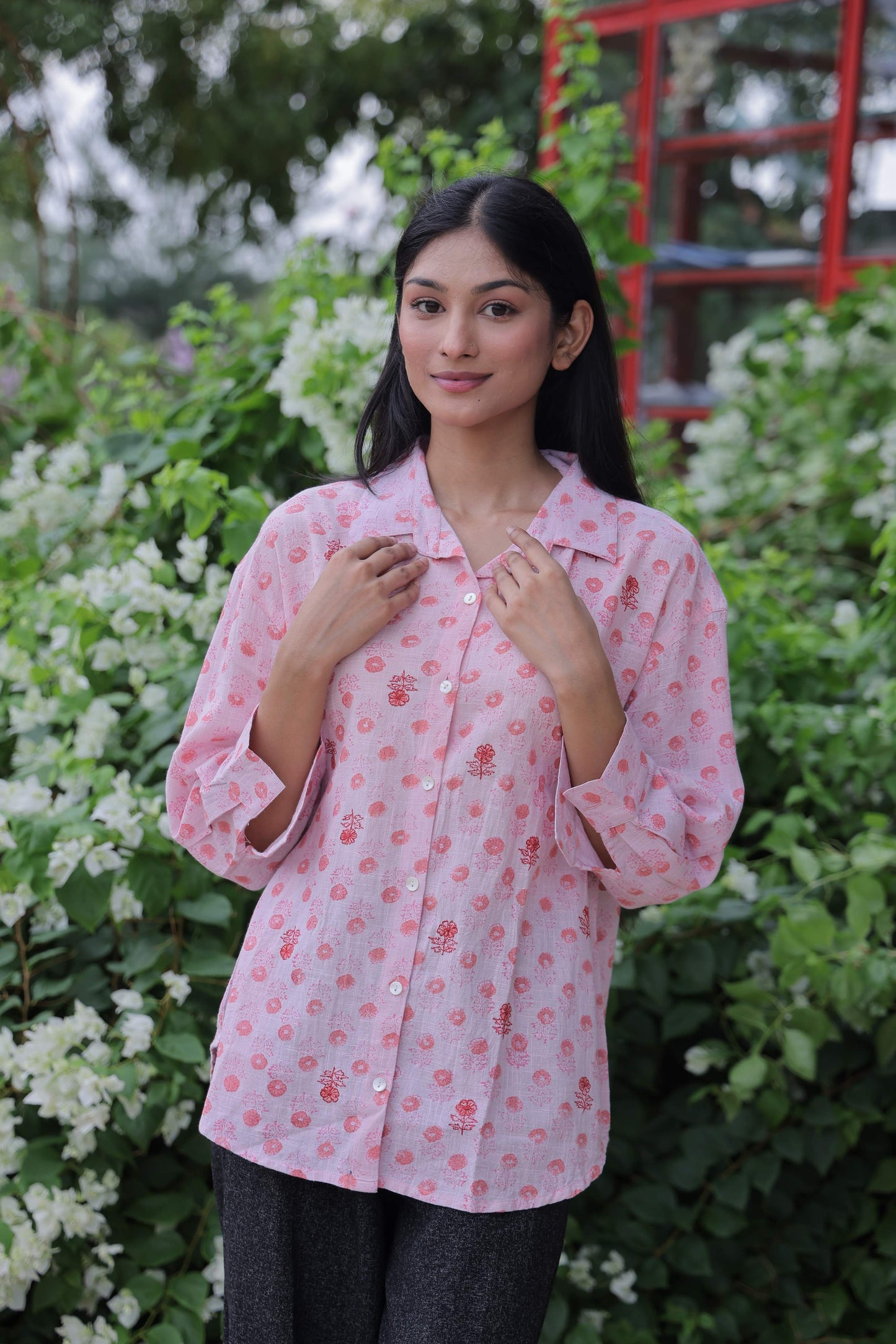 Pink Embroidered Block Print Shirt