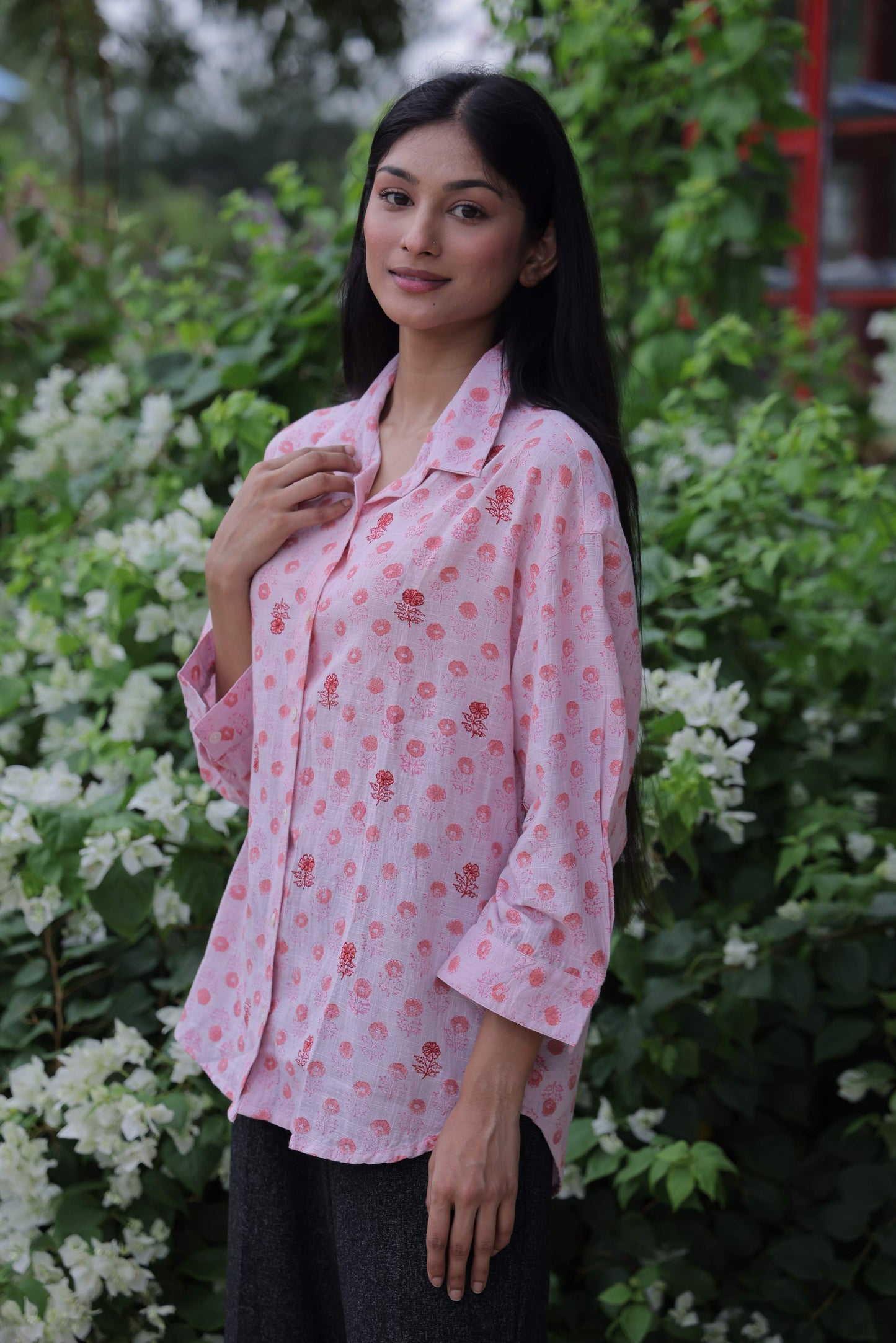 Pink Embroidered Block Print Shirt