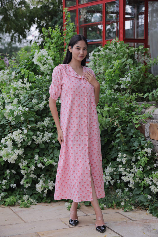 Pink Embroidered Button Dress