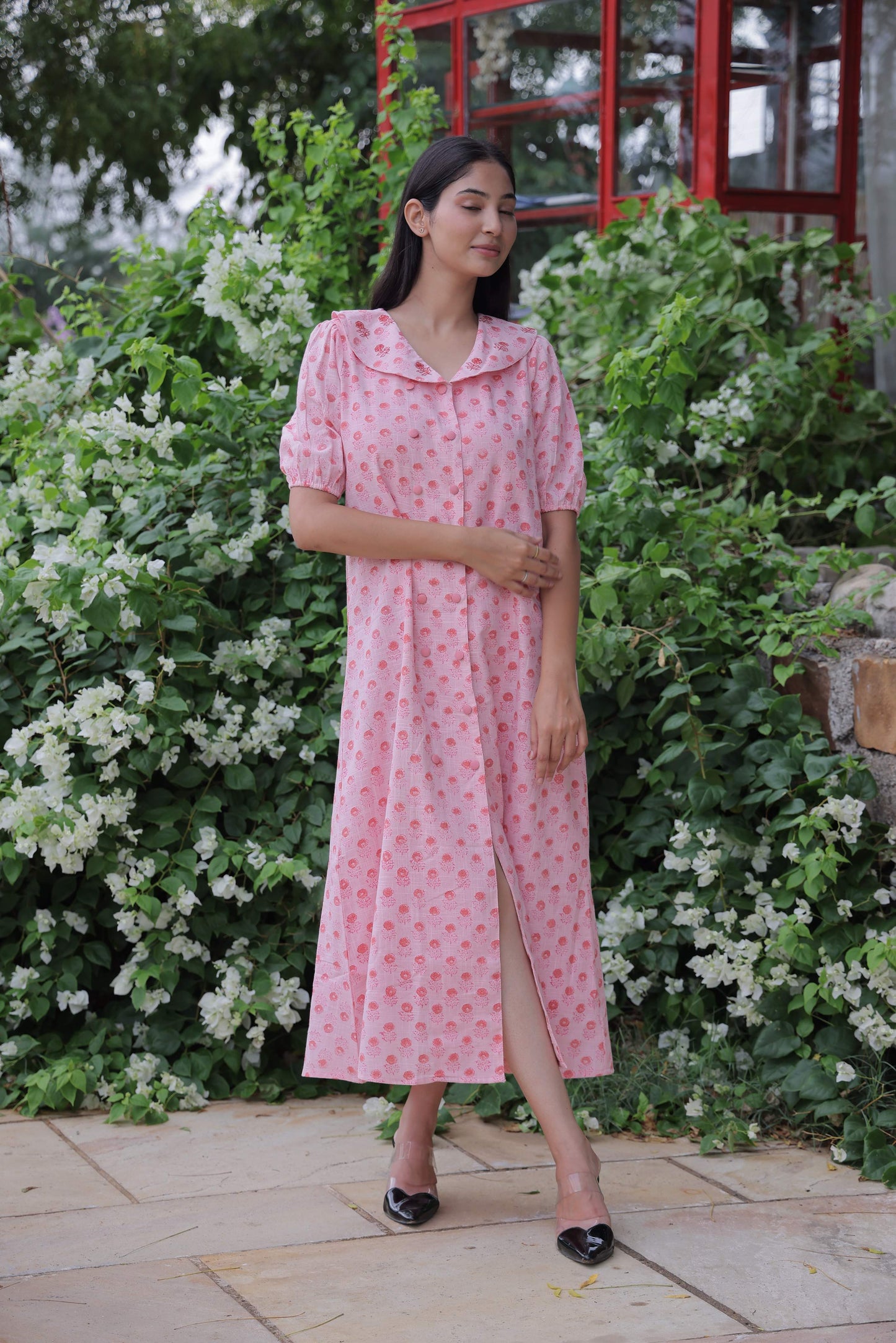 Pink Embroidered Button Dress