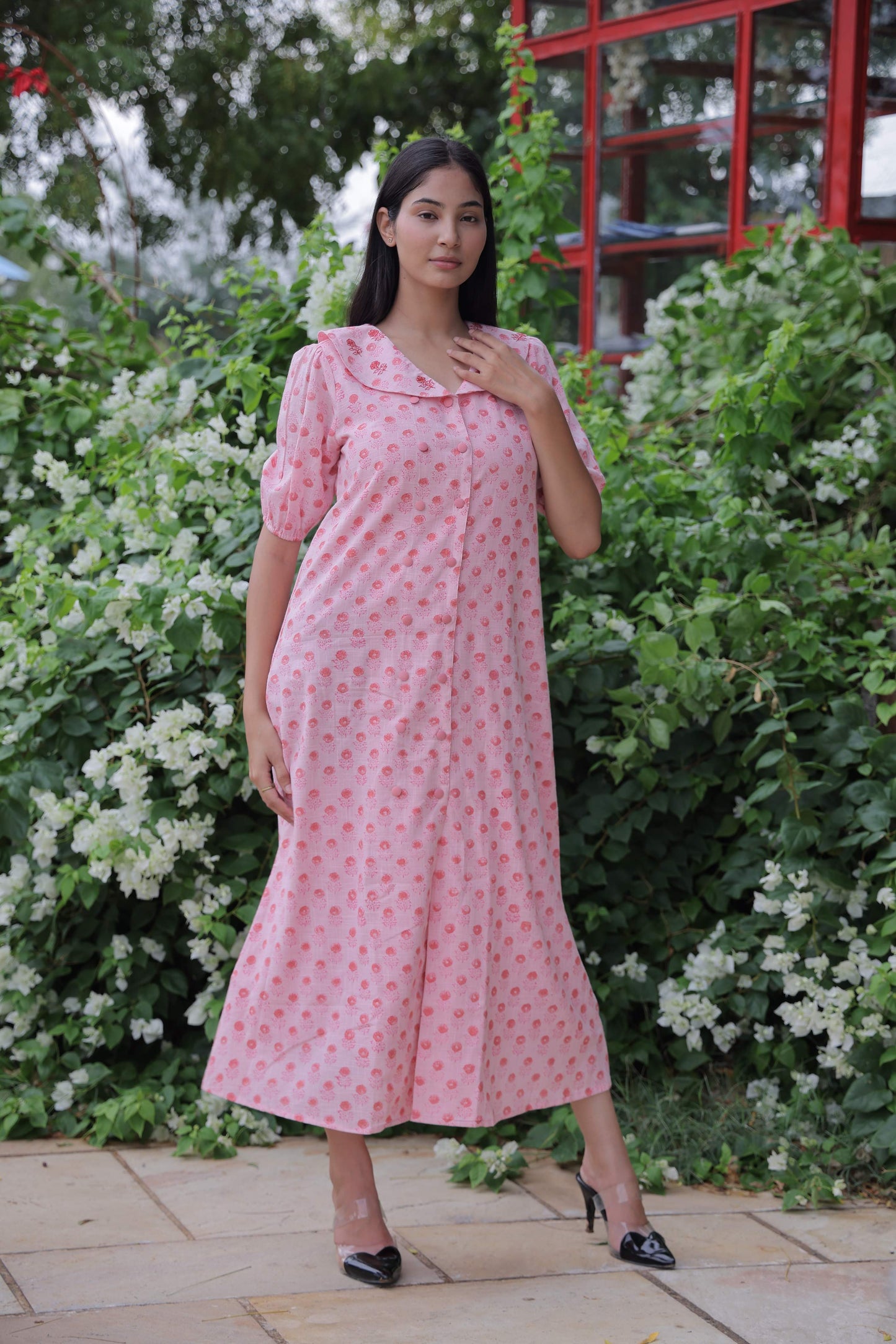 Pink Embroidered Button Dress