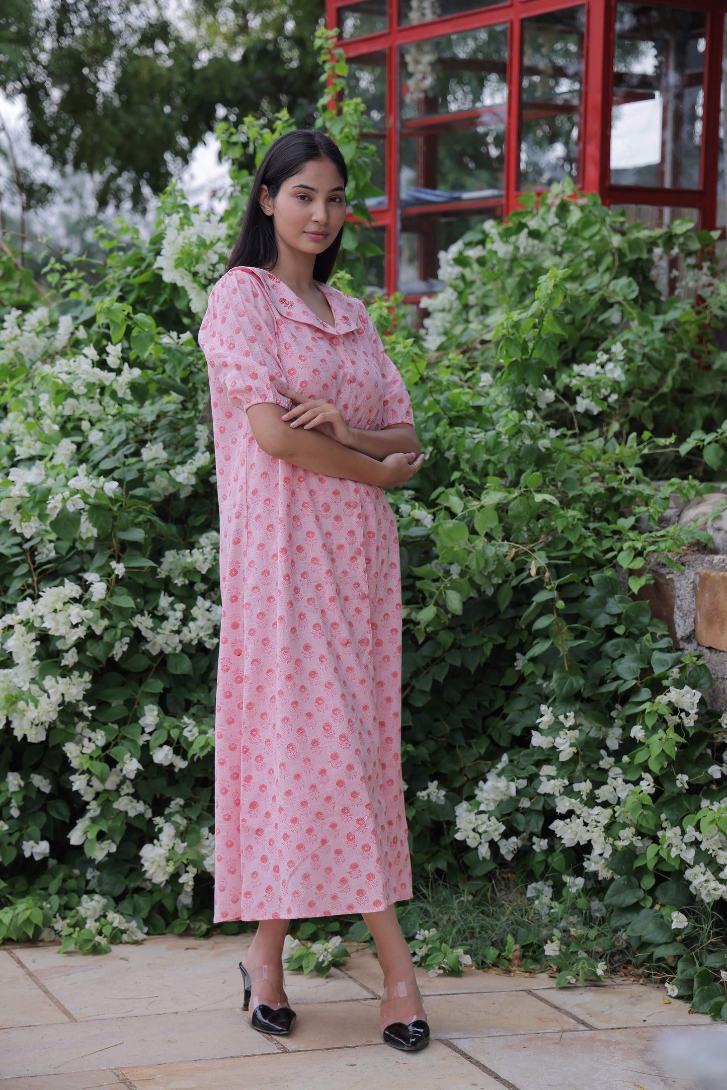 Pink Embroidered Button Dress