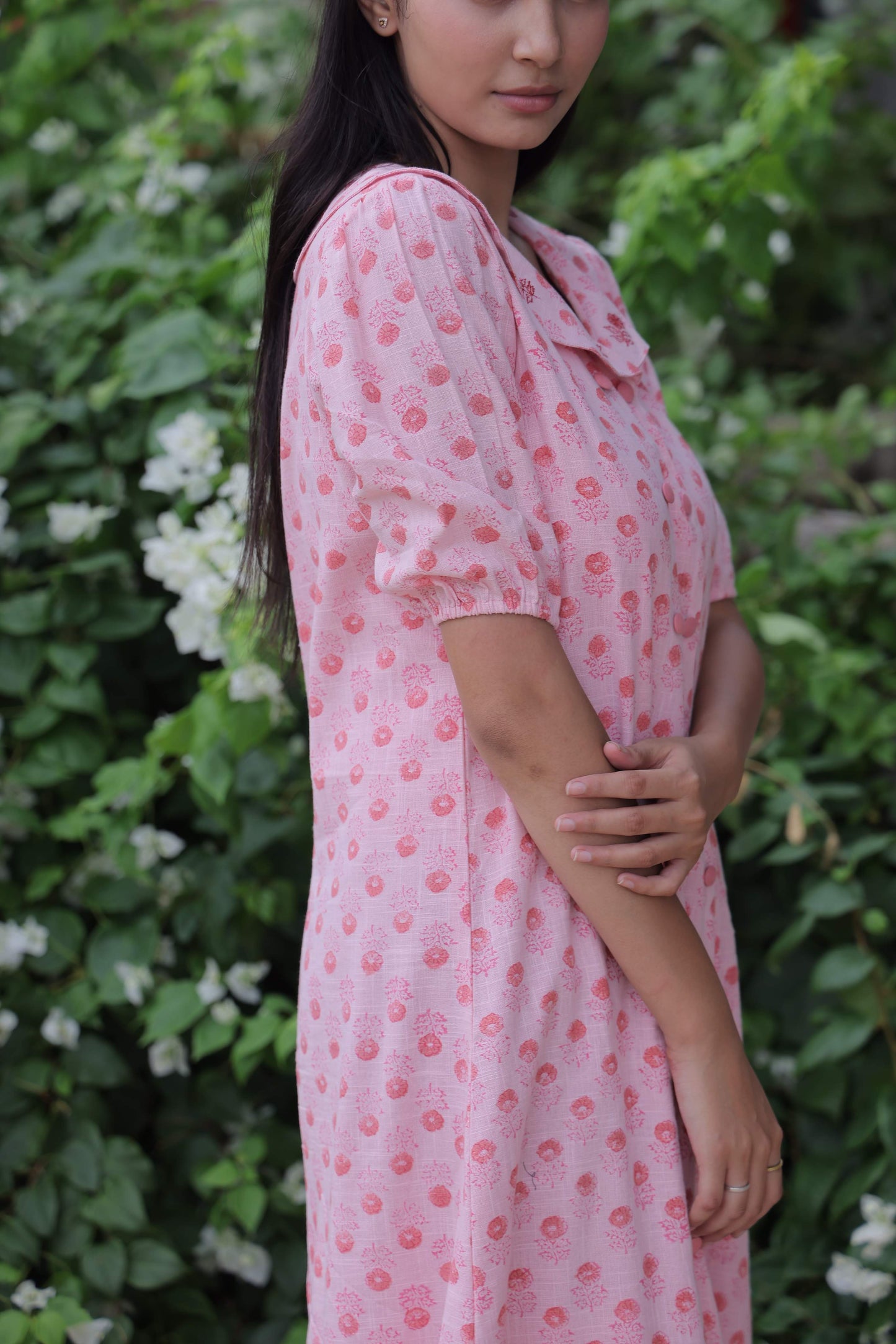 Pink Embroidered Button Dress