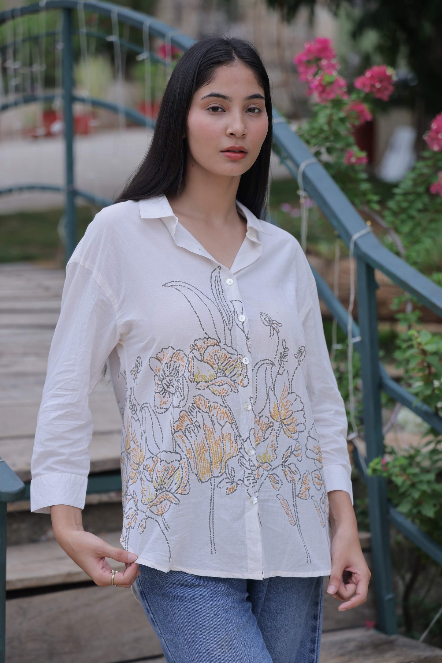 White Floral Screen Print Shirt