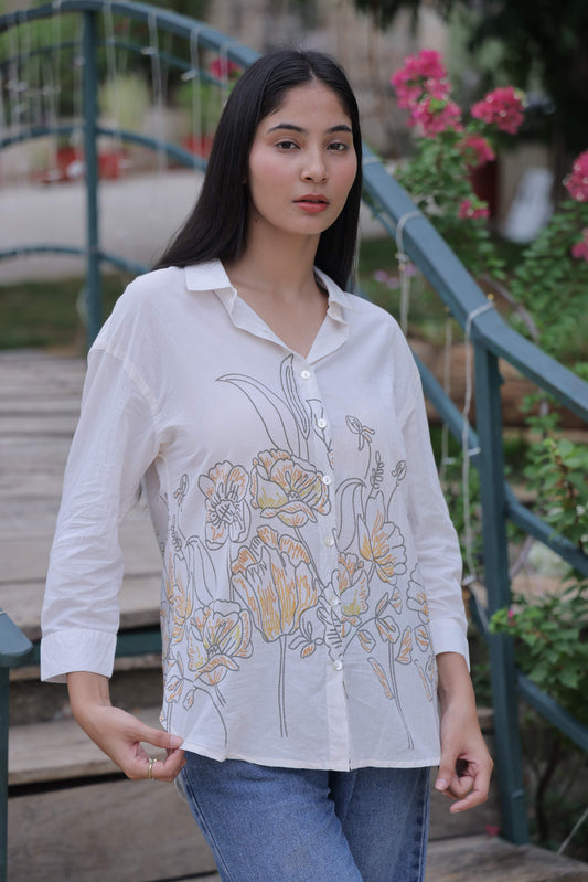 White Floral Screen Print Shirt