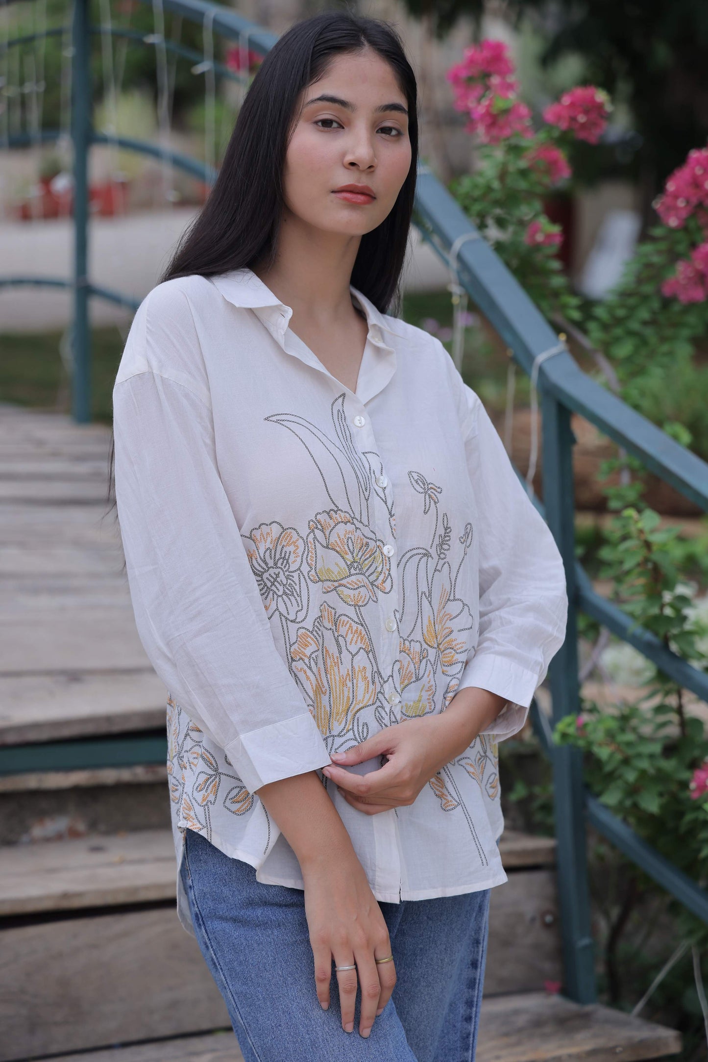 White Floral Screen Print Shirt