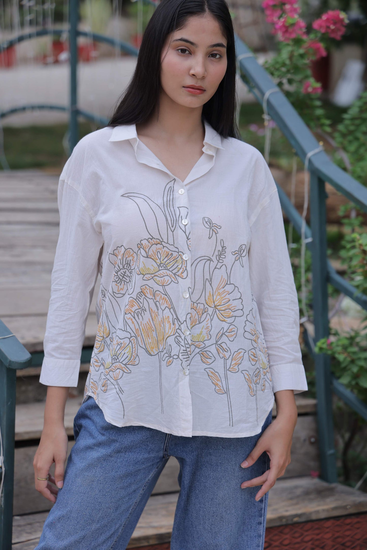 White Floral Screen Print Shirt