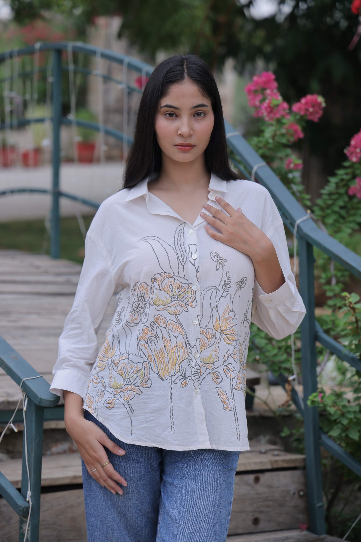 White Floral Screen Print Shirt
