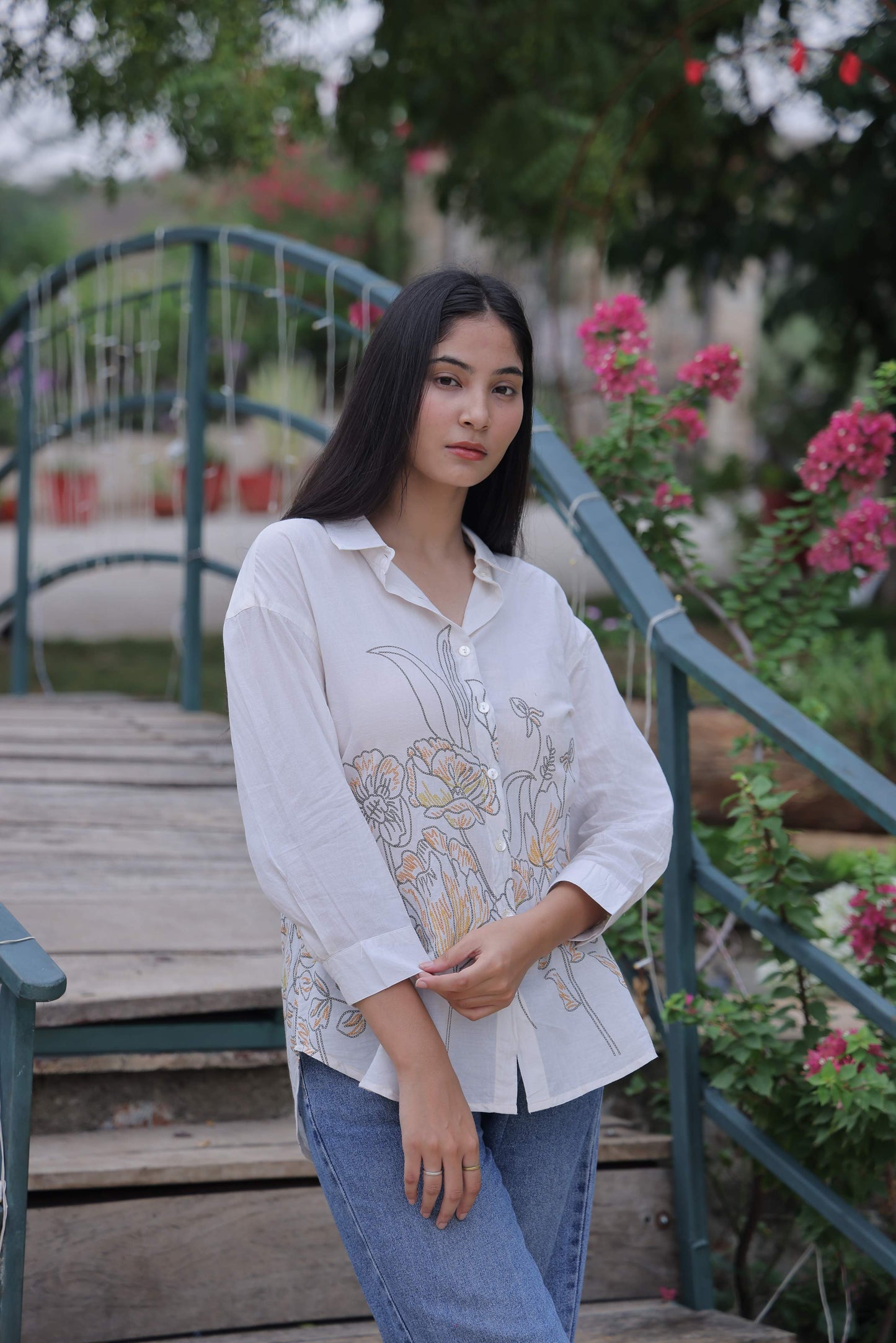 White Floral Screen Print Shirt