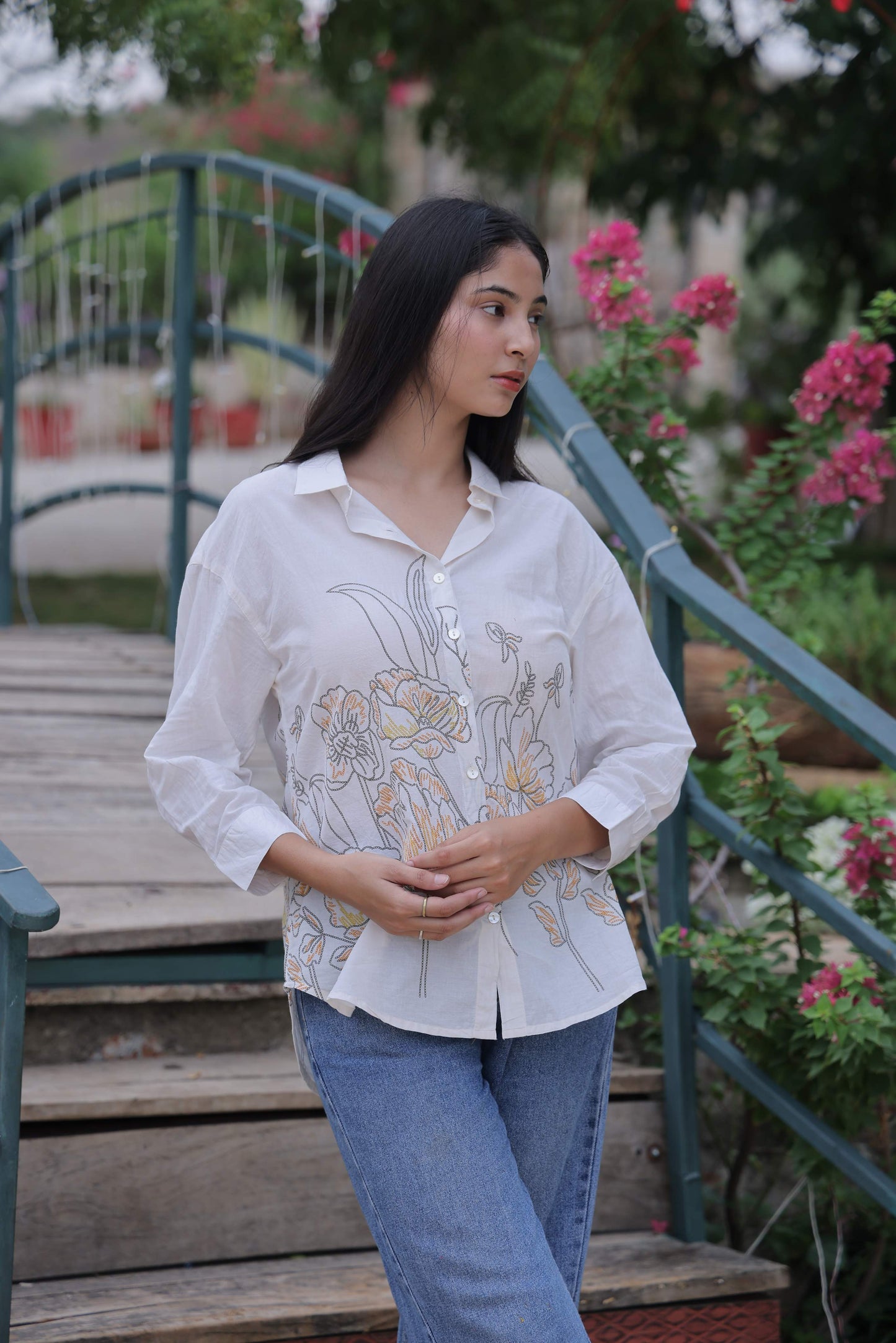 White Floral Screen Print Shirt