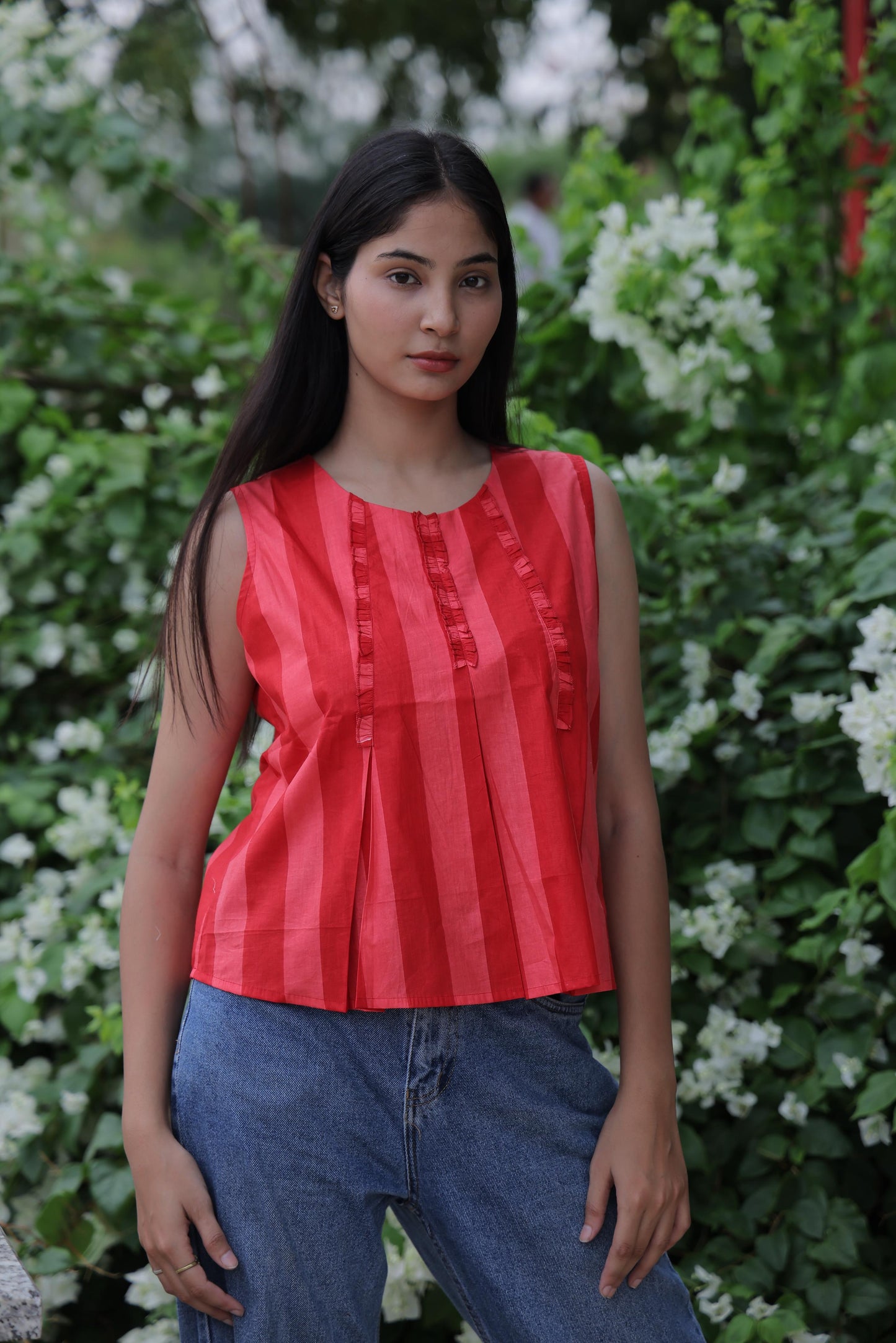 Red Block Print Cambric Cotton Top