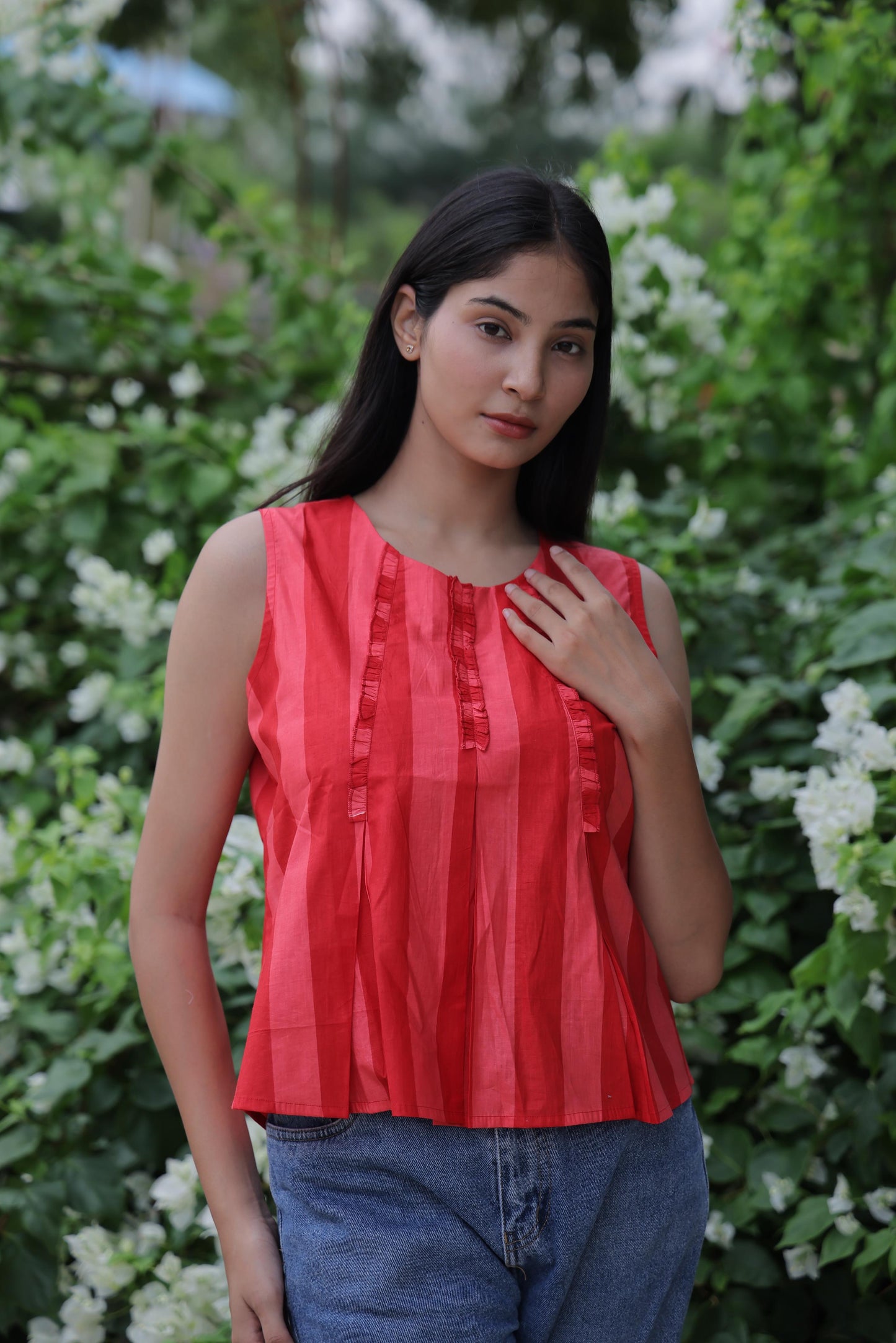Red Block Print Cambric Cotton Top