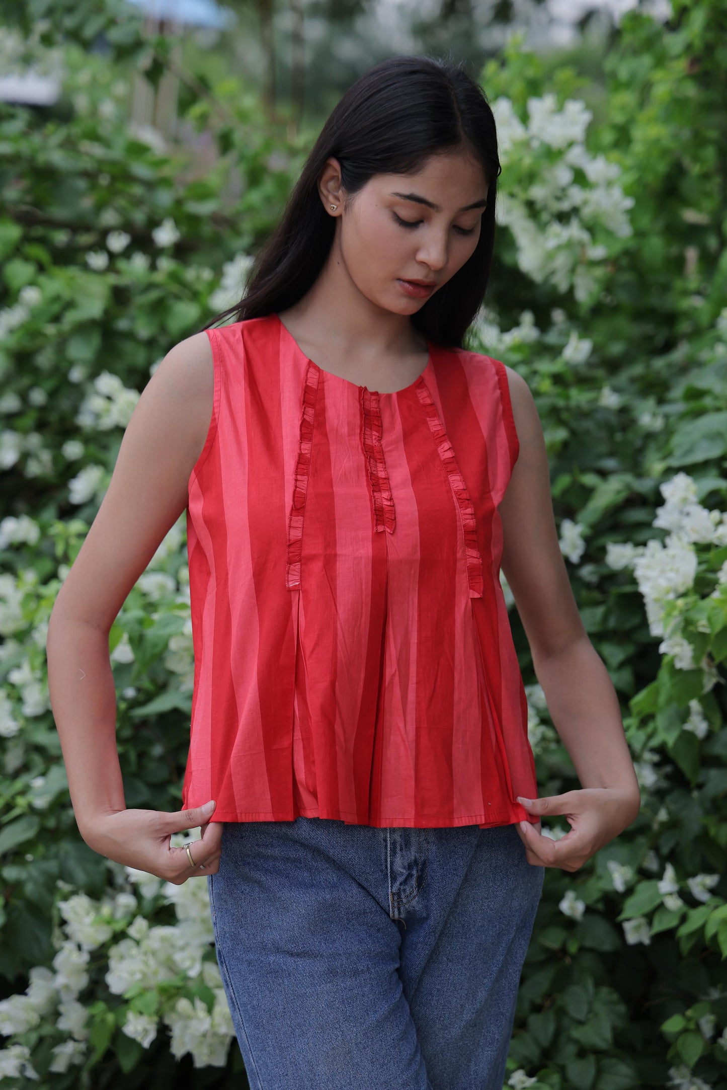 Red Block Print Cambric Cotton Top