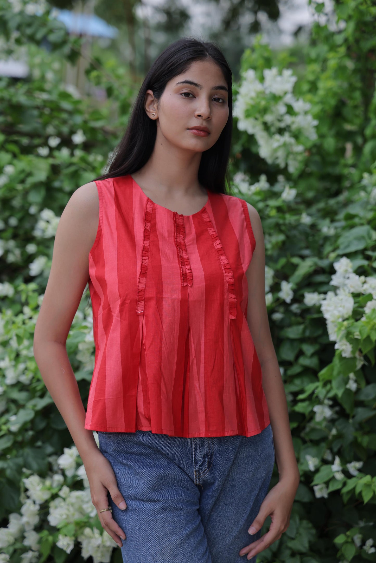 Red Block Print Cambric Cotton Top