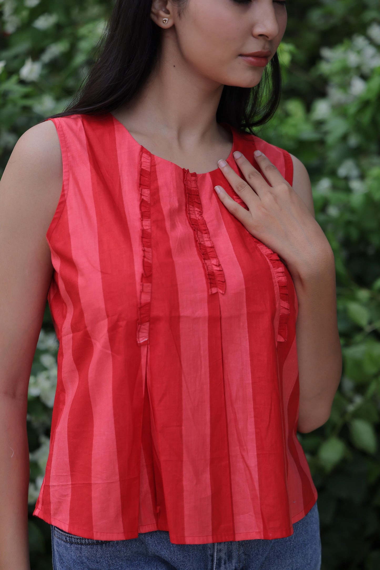 Red Block Print Cambric Cotton Top
